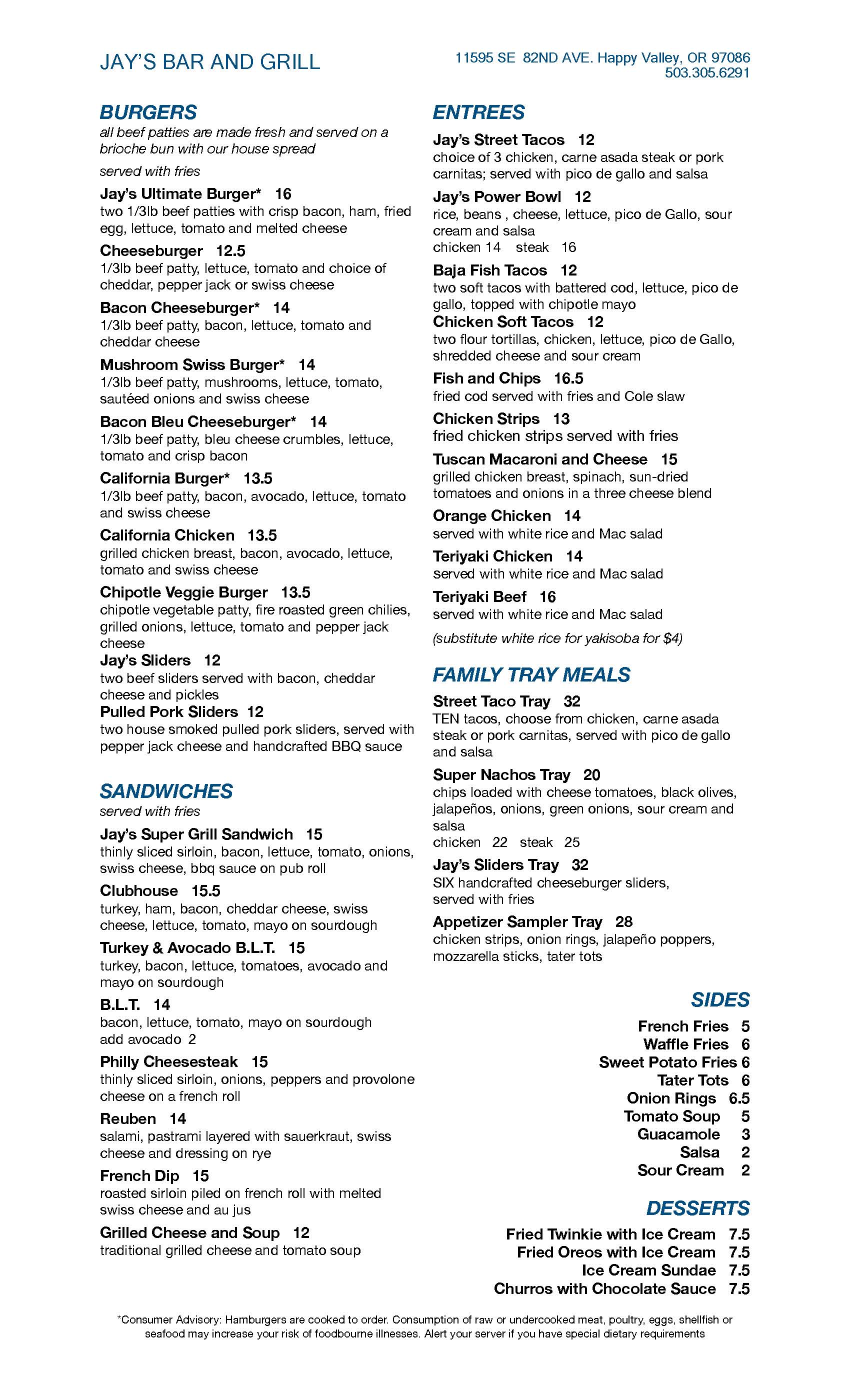 Jay's Bar & Grill Food & Drink Menus